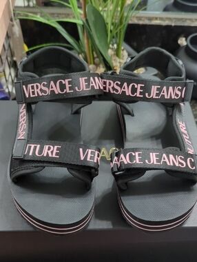 Versace Jeans Couture Black and Pink Logo Strap Sandals